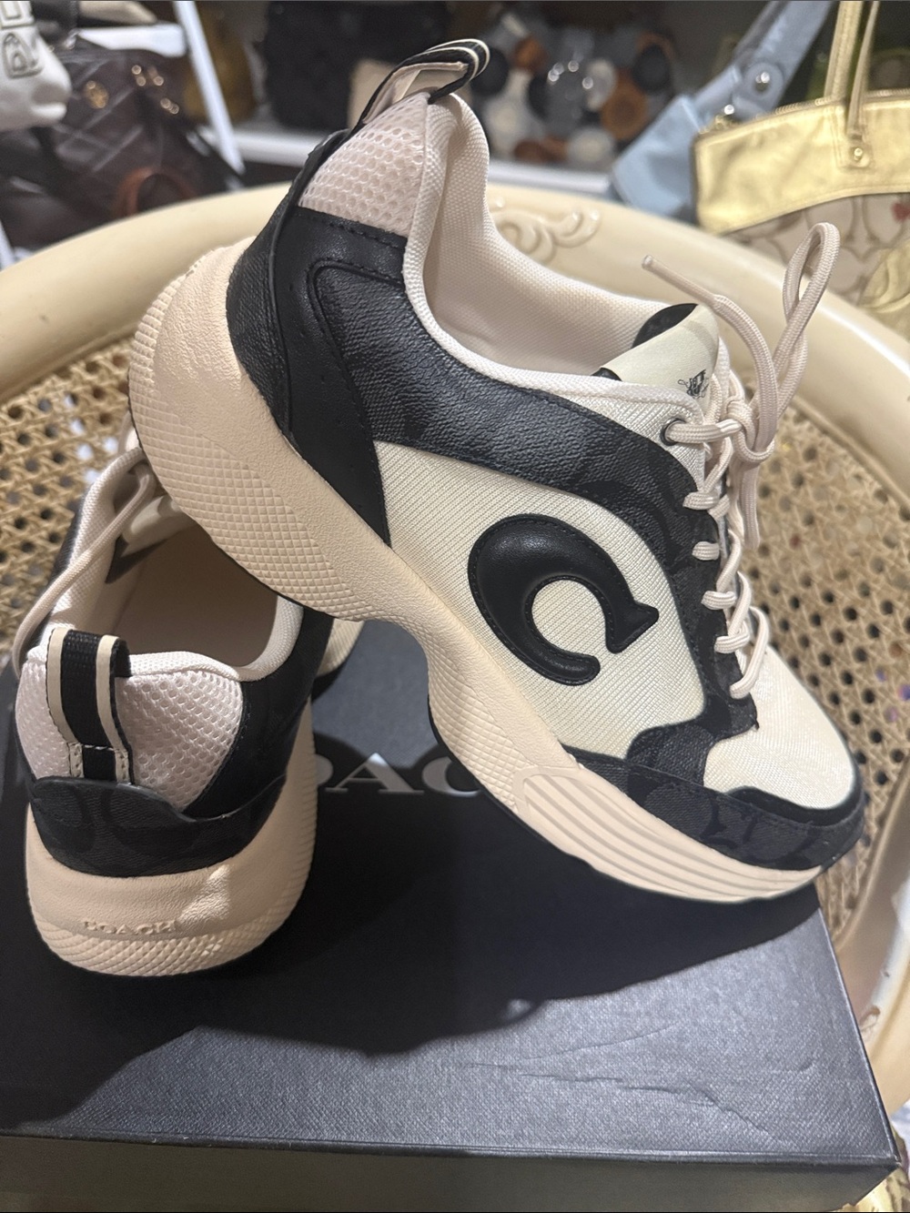 Coach Women's Chunky Lace-Up Sneakers in Cream and Black New